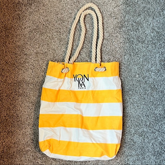 Yon-Ka Paris Handbags - Yon-Ka Paris Yellow & White Striped Tote Bag with Rope Handle